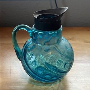 antique Northwood blue opalescent coinspot swirl glass syrup pitcher Victorian